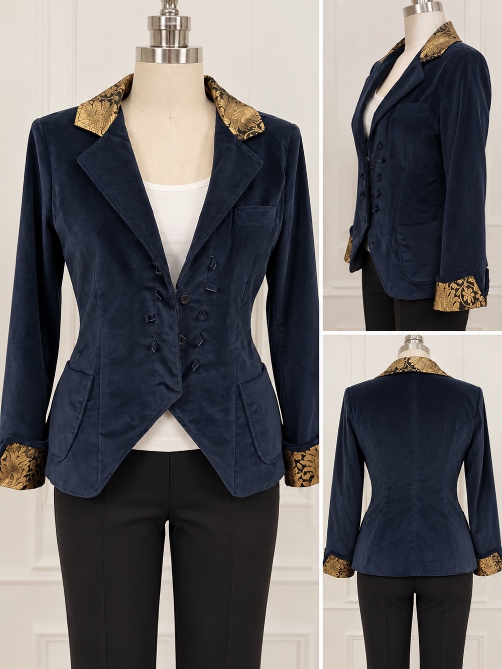 The Pyramid Collection Navy Blazer with Gold Brocade Collar & Cuffs